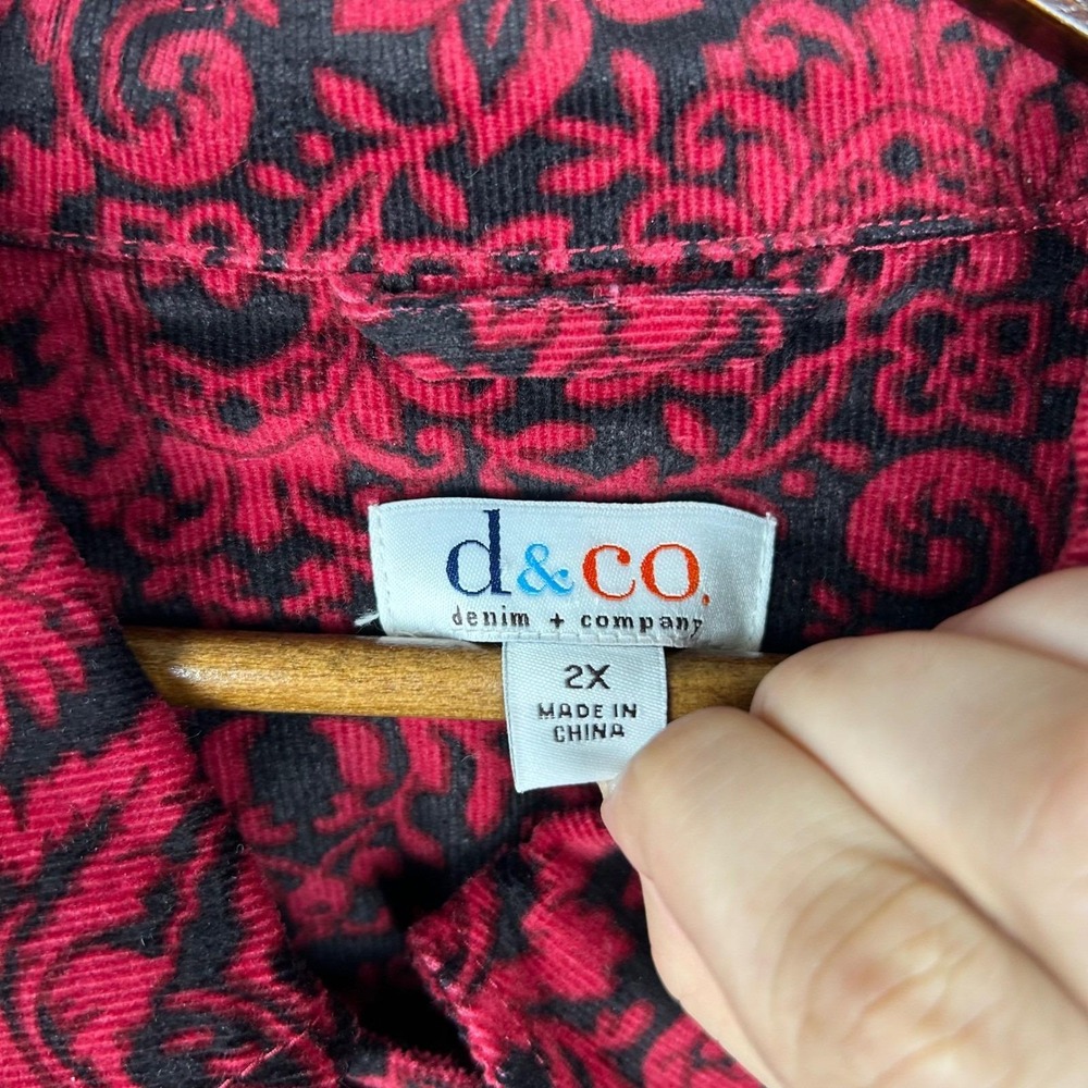 Y2K Denim & Co Corduroy Jacket Red Black Damask Floral Chore Shacket Womens 2X - Picture 4 of 7